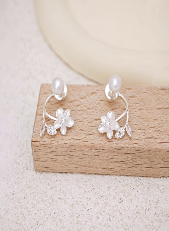 Tituthia Dangle Earrings for Women, 14k Pearl Drop Earrings Silver Flower Stud Earring Cute Silver Earrings for Women Trendy Wedding Earring Hypoallergenic Prom Bridal Jewelry Gifts - Image 4